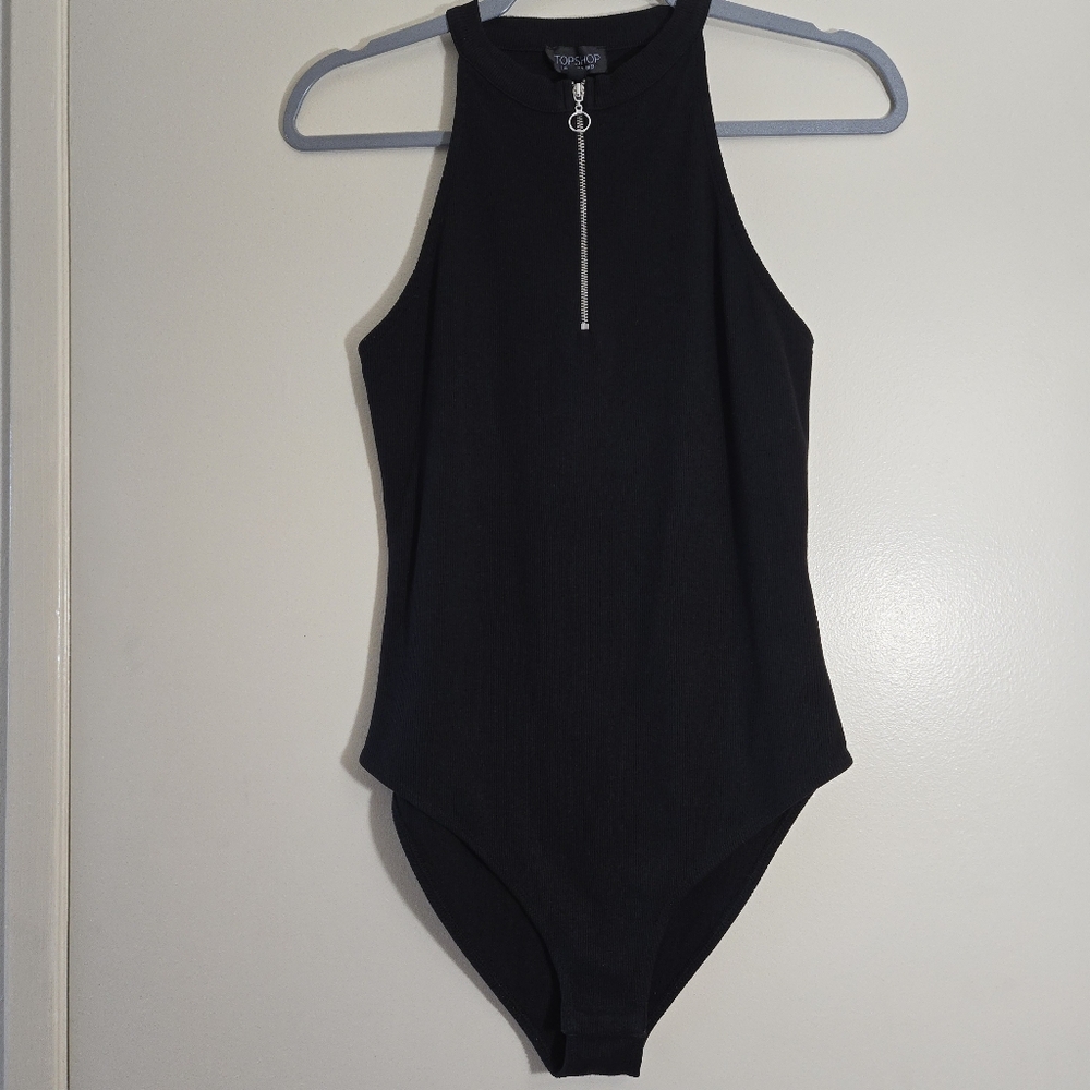 Top Shop Racerback Black Ribbed Zip Up Bodysuit Size US 8 - Picture 2 of 9